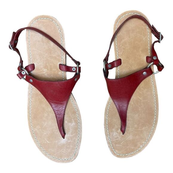 New Gap Red Leather T-Strap Sandals Size 10 Y2K Classic Bohemian Minimalist - Picture 1 of 7